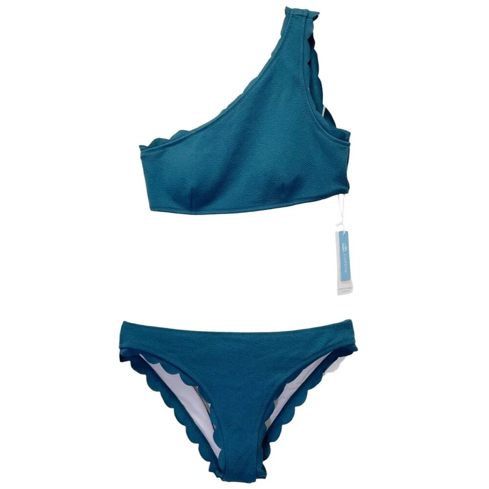 NWT Cupshe Bikini Set M Teal One Shoulder Scallop Edge Textured 2 Piece Swimsuit
